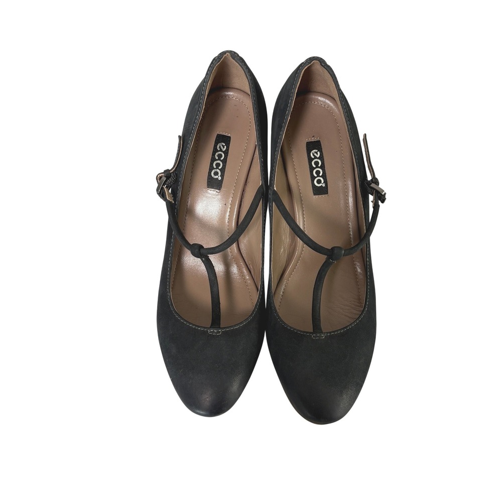 Ecco T-Strap Pumps Women 40 US 9 9.5 Black Suede Leather Round Toe Buckle Heel